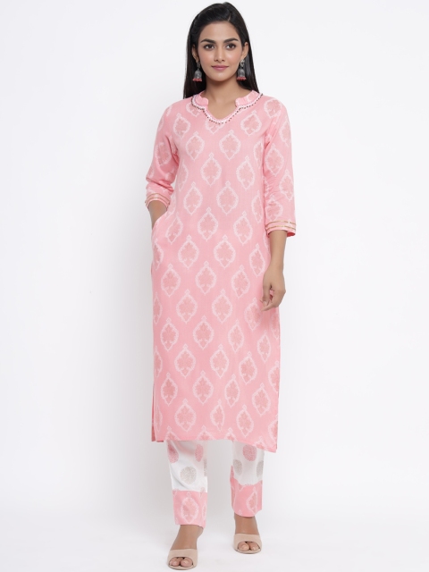 

WomenMagic Women Pink & White Printed Kurta with Trousers