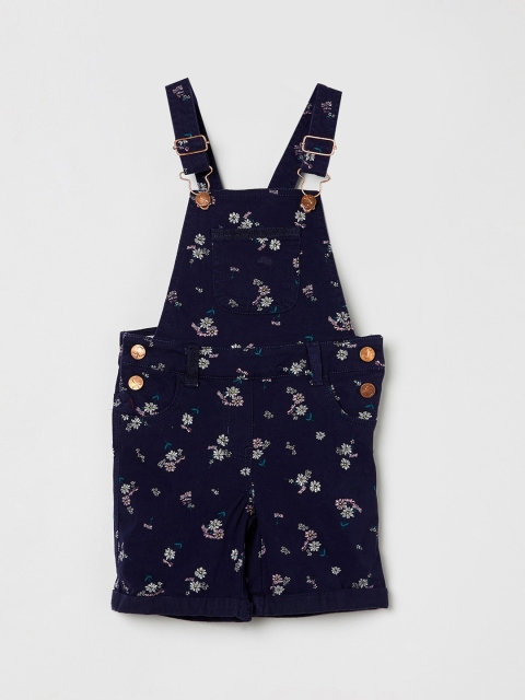 

max Girls Navy Blue & Pink Printed Denim Dungarees