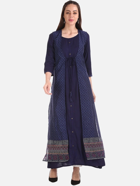 

Karigari Women Navy Blue Solid A-Line Kurta with Cover Up Jacket