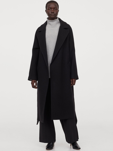 

H&M Women Black Solid Wool-Blend Coat
