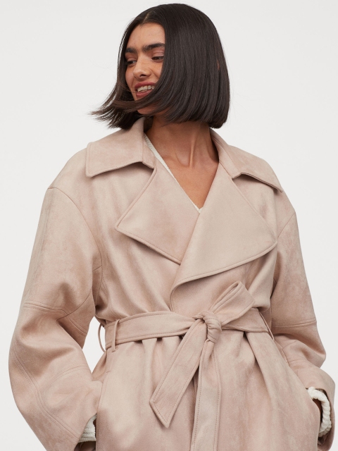 

H&M Women Beige Imitation Suede Coat