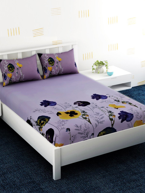 

EverHOME Purple Floral 180 TC Cotton 1 King Bedsheet with 2 Pillow Covers