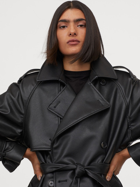 

H&M Women Black Solid Imitation Leather Trenchcoat