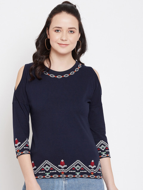 

Hypernation Women Navy Blue & White Embroidered Round Neck T-shirt