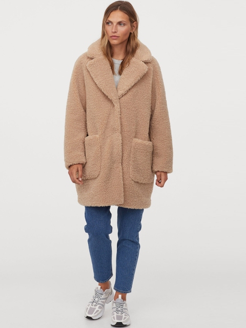 

H&M Women Beige Solid Short Faux Shearling Coat
