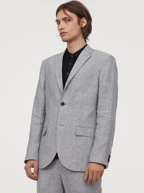 

H&M Men Grey Solid Linen Jacket Slim Fit