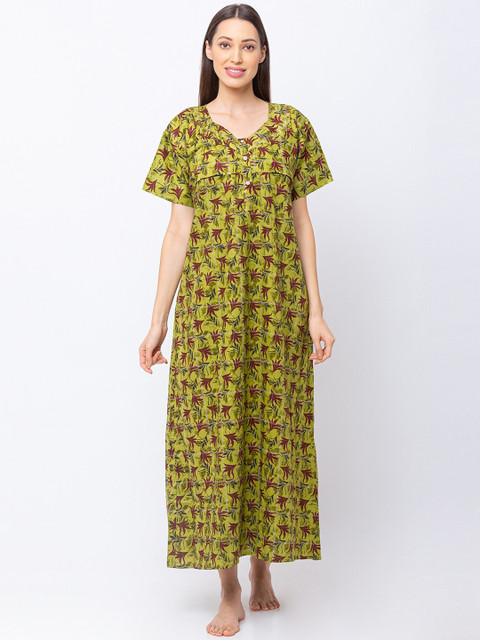 

MomToBe Green & Maroon Printed Cotton Maternity & Feeding Nightdress