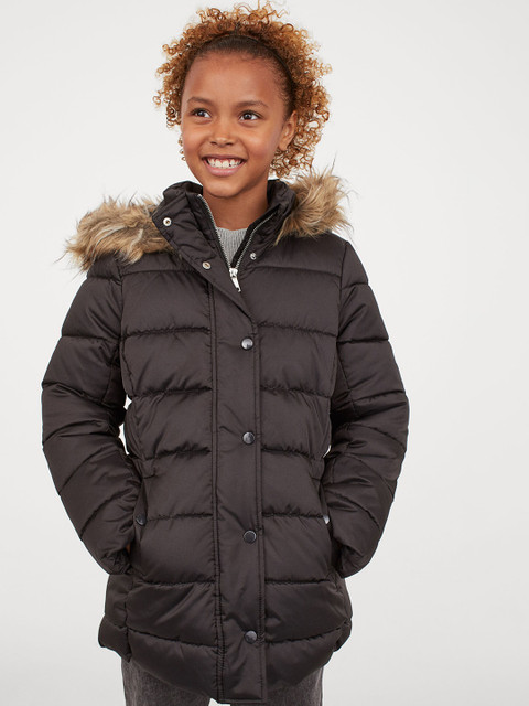 

H&M Girls Black Solid Padded Hooded Coat