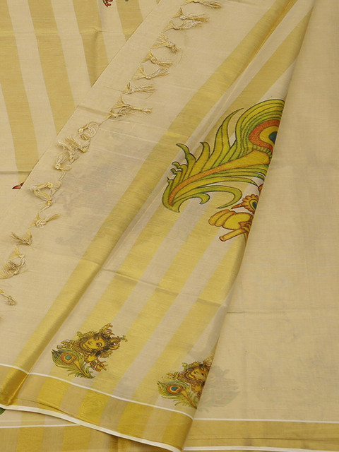 

Pothys Cream-Coloured & Gold-Coloured Pure Cotton Printed Saree