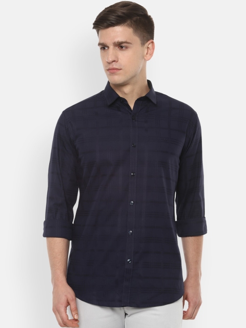 

V Dot Men Navy Blue & Black Slim Fit Checked Casual Shirt