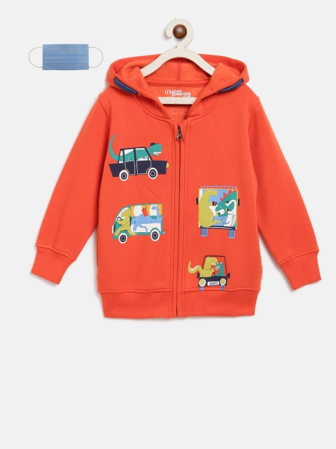 

Lil Tomatoes Boys Orange Printed Hooded Sweatshirt