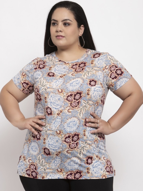 

plusS Women Blue & Maroon Floral Printed Round Neck T-shirt