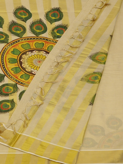 

Pothys Cream-Coloured & Green Pure Cotton Woven Design Saree