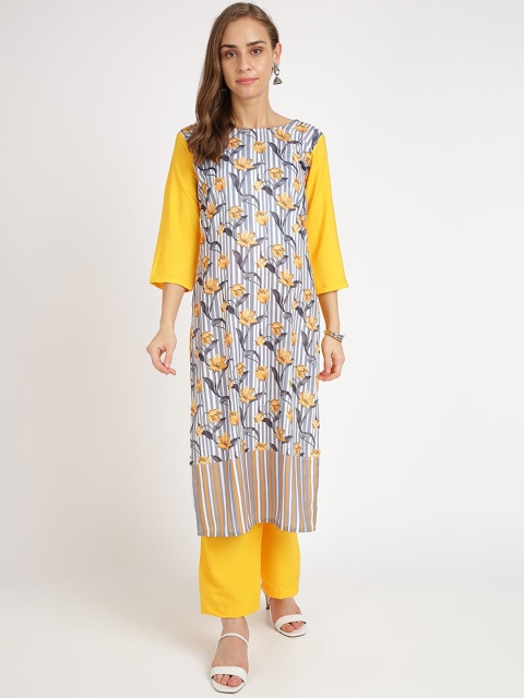 

Florence Women Yellow & Grey Floral Printed Straight Kurta