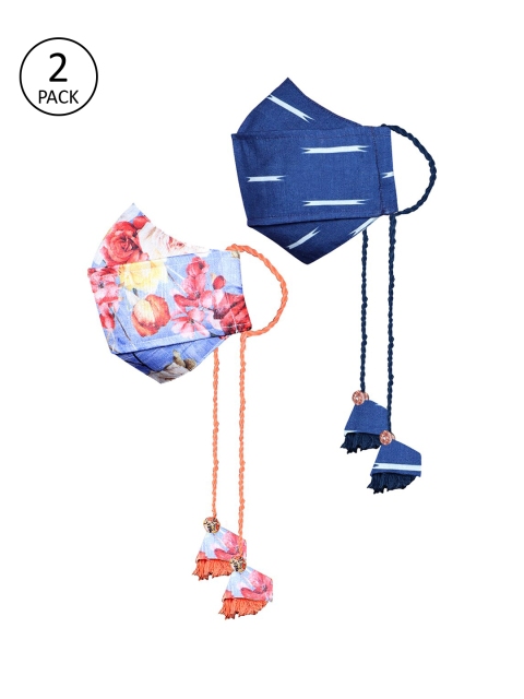 

VASTRAMAY Pack of 2 3 -Ply Reusable Protective Outdoor Fashion Masks with Tassels With Potli Bag, Blue