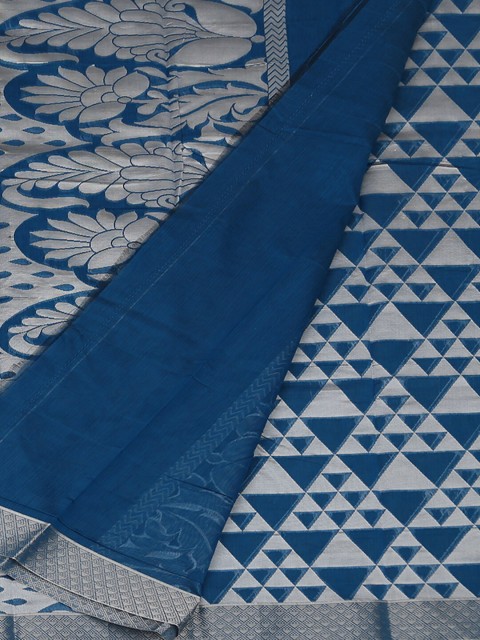 

Pothys Blue & Silver-Toned Silk Cotton Woven Design Saree