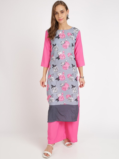

Florence Women Grey & Pink Floral Printed Straight Kurta