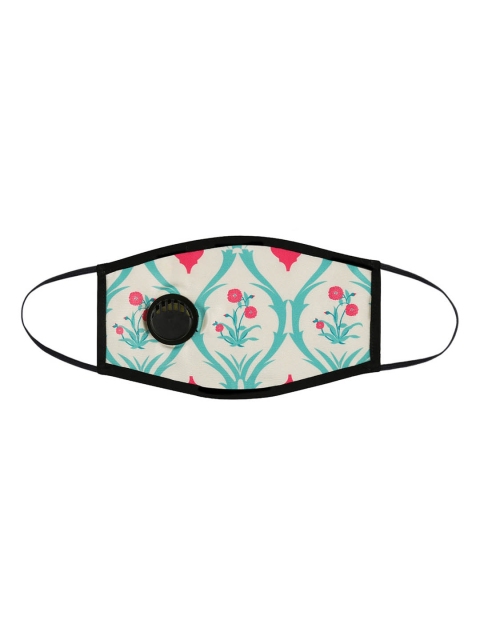 

India Circus by Krsnaa Mehta Unisex Cream-Coloured & Turquoise Blue Lattice Roses Printed 1-Ply Protective Outdoor Face Mask with Breathing Valve