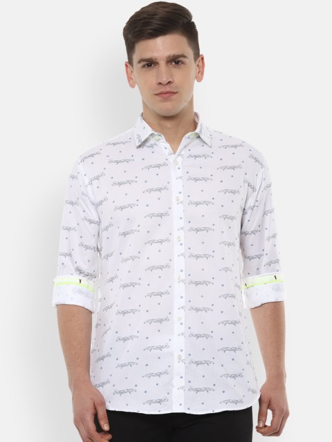 

V Dot Men White Slim Fit Printed Casual Shirt