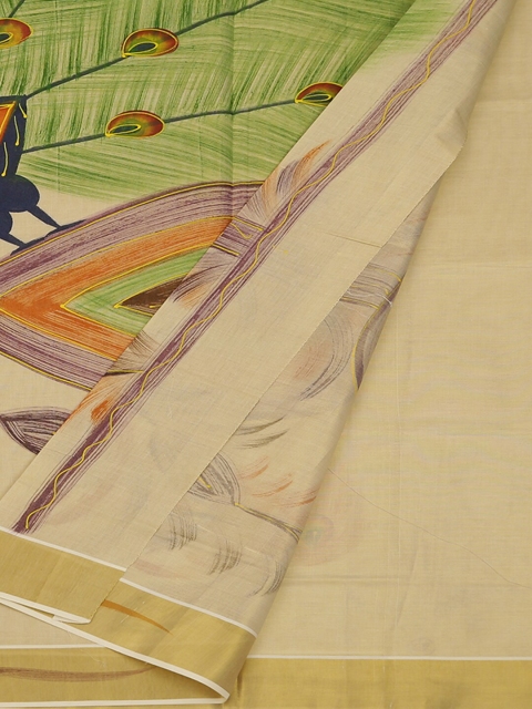 

Pothys Cream-Coloured & Green Pure Cotton Printed Saree