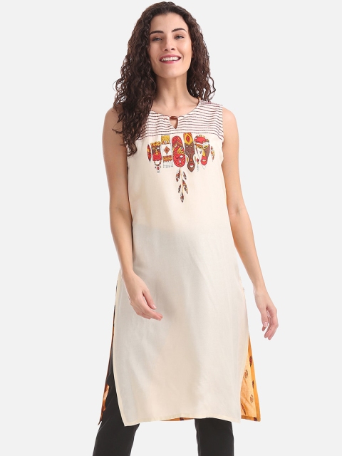 

Karigari Women Cream-Coloured & Mustard Yellow Printed A-Line Kurta