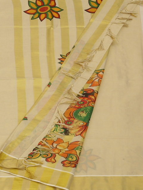 

Pothys Cream-Coloured & Gold-Toned Pure Cotton Printed Saree