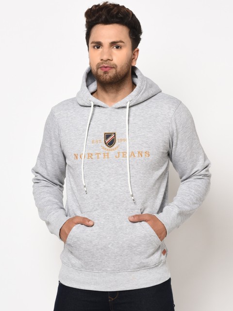 

98 Degree North Men Grey Melange Printed Hooded Sweatshirt