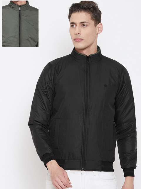 

Okane Men Olive Green & Black Solid Reversible Bomber Jacket