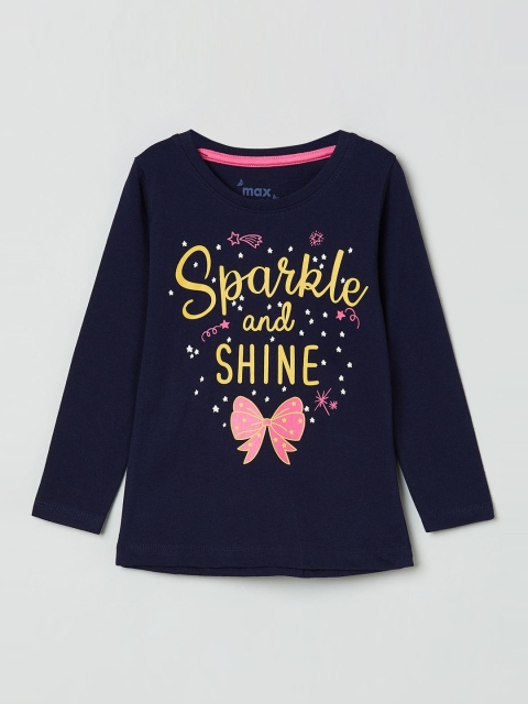 

max Girls Navy Blue Printed Pure Cotton Top
