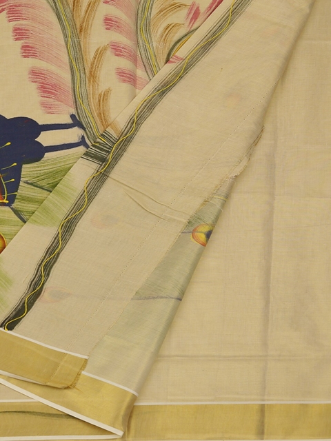 

Pothys Cream-Coloured & Green Pure Cotton Printed Saree