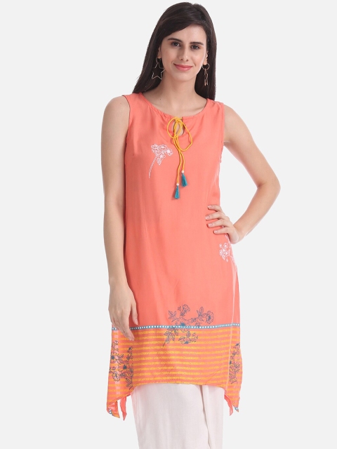 

Karigari Women Peach & White Printed A-Line Kurta