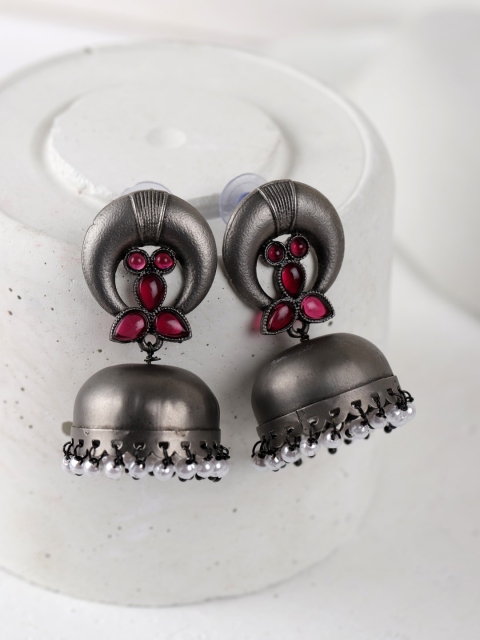 

Fabstreet Silver-Plated & Gunmetal-Toned Dome Shaped Jhumkas, Metallic