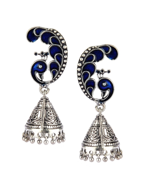 

DESI COLOUR Blue & Silver-Toned Oxidised Peacock Shaped Jhumkas