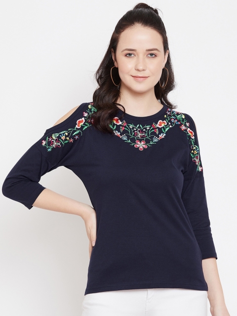 

Hypernation Women Navy Blue Embroidered Cold Shoulder Top