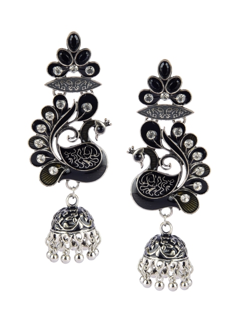 

DESI COLOUR Black & Silver-Toned Peacock Shaped Jhumkas