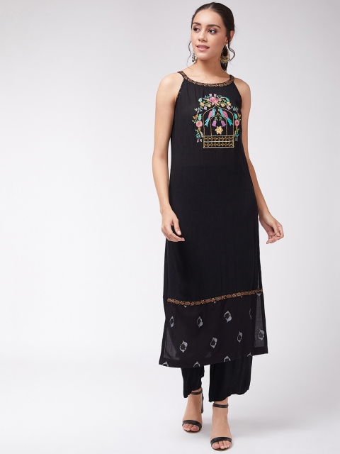 

Pannkh Women Black & Pink Floral Printed A-Line Kurta