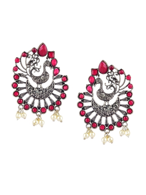 

DESI COLOUR Red & Silver-Toned Oxidised Peacock Shaped Drop Earrings