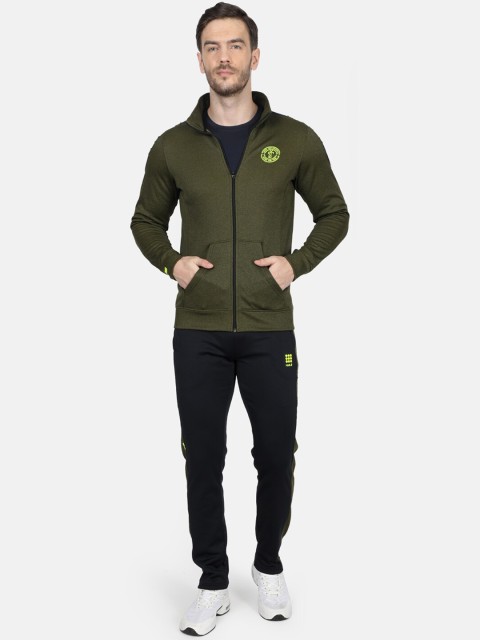 

rock.it Men Olive Green And Black Solid Tracksuit