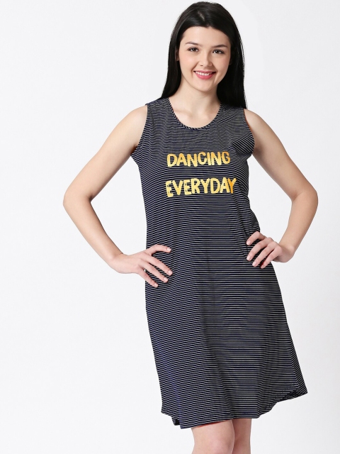 

I like me Women Cotton Navy Blue & White Striped Nightdress