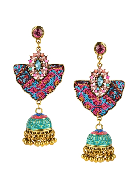 

DESI COLOUR Pink & Blue Oxidised Dome Shaped Jhumkas