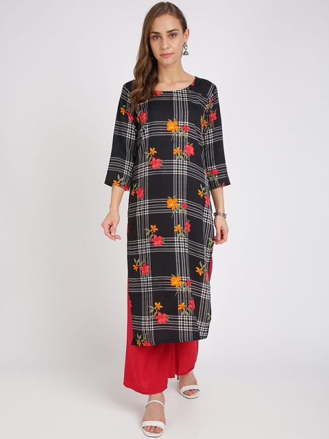 

Florence Women Black & White Checked Floral Printed Straight Kurta