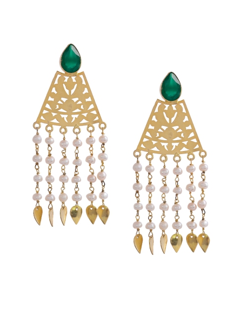 

Silvermerc Designs Gold-Plated & Green Triangular Drop Earrings