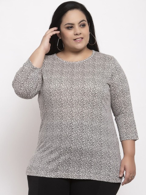 

plusS Women Off-White & Grey Printed Pure Cotton Top