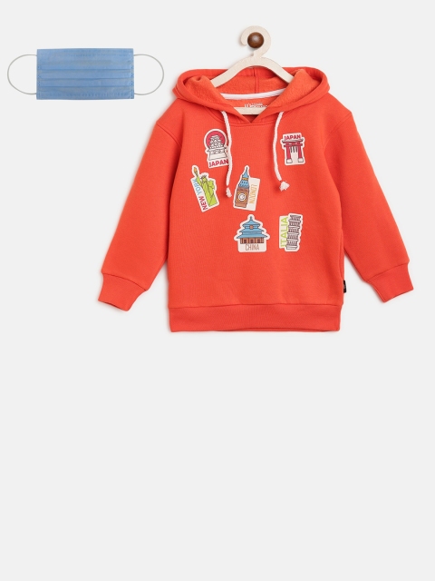 

Lil Tomatoes Boys Orange Printed Hooded Sweatshirt