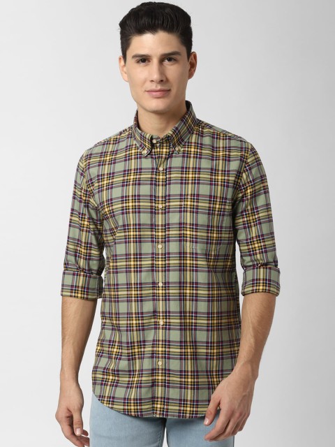 

Peter England Elite Men Olive Green & Blue Regular Fit Checked Casual Shirt