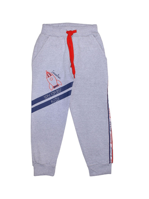 

KiddoPanti Boys Grey Melange & Blue Solid Innovation Rocket Print Straight-Fit Joggers