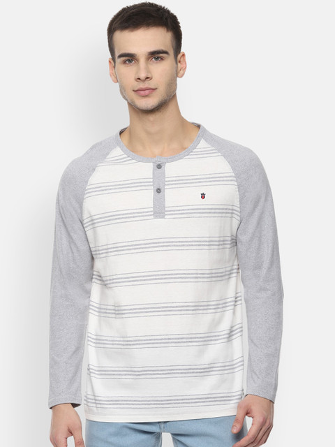 

Louis Philippe Jeans Men White Grey Striped Henley Neck Pure Cotton T-shirt