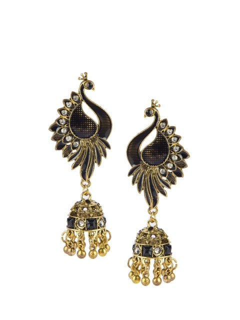 

DESI COLOUR Black & Gold-Toned Peacock Shaped Jhumkas