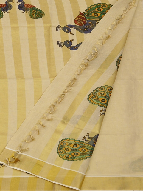 

Pothys Cream-Coloured & Gold-Toned Pure Cotton Solid Saree