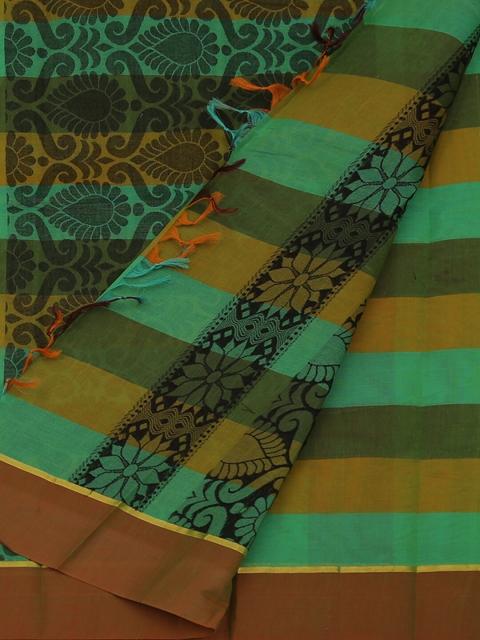 Pothys Green & Brown Pure Cotton Checked Saree